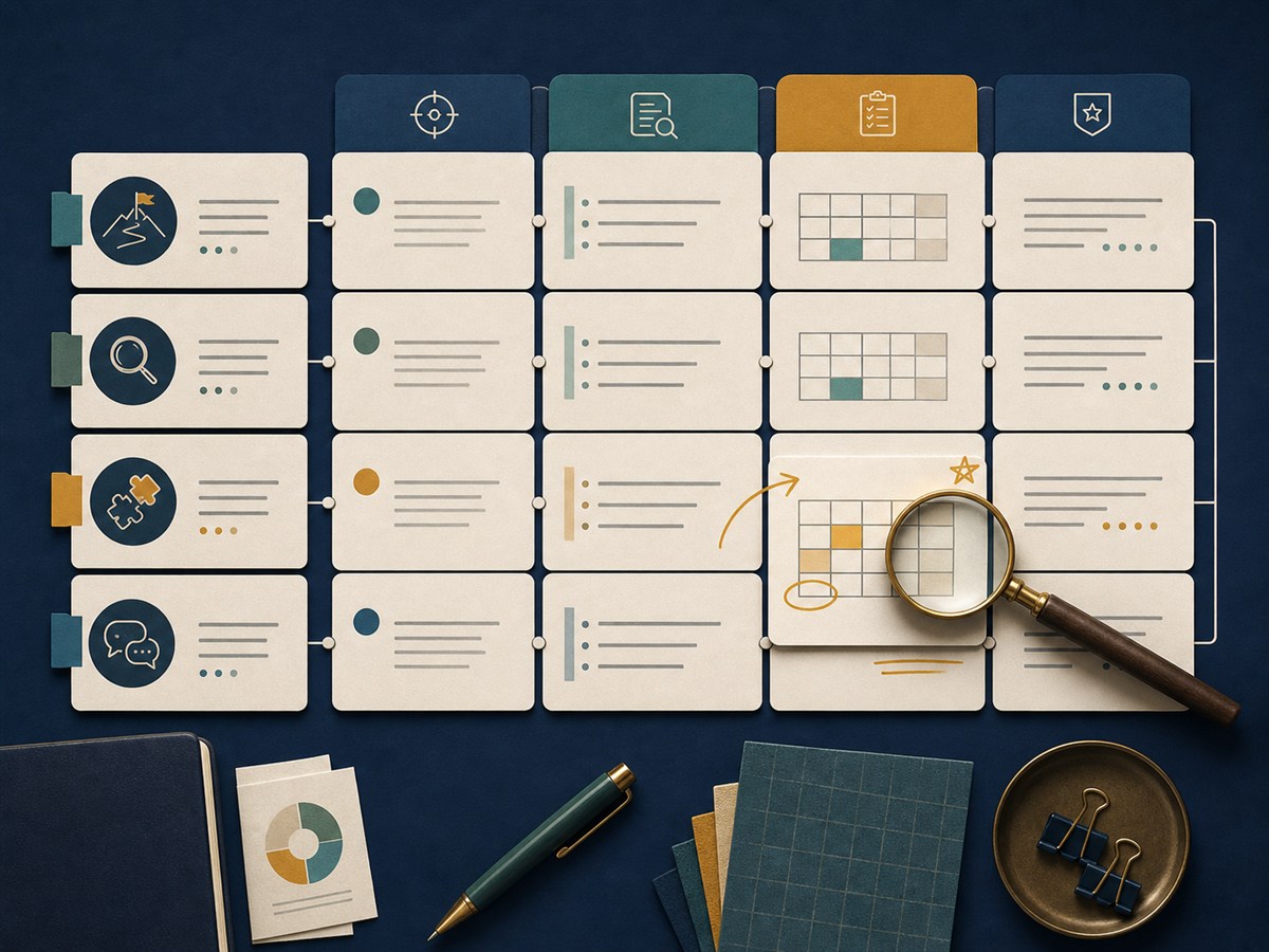 Editorial curriculum traceability board with evidence cards, matrices, and a magnifying glass